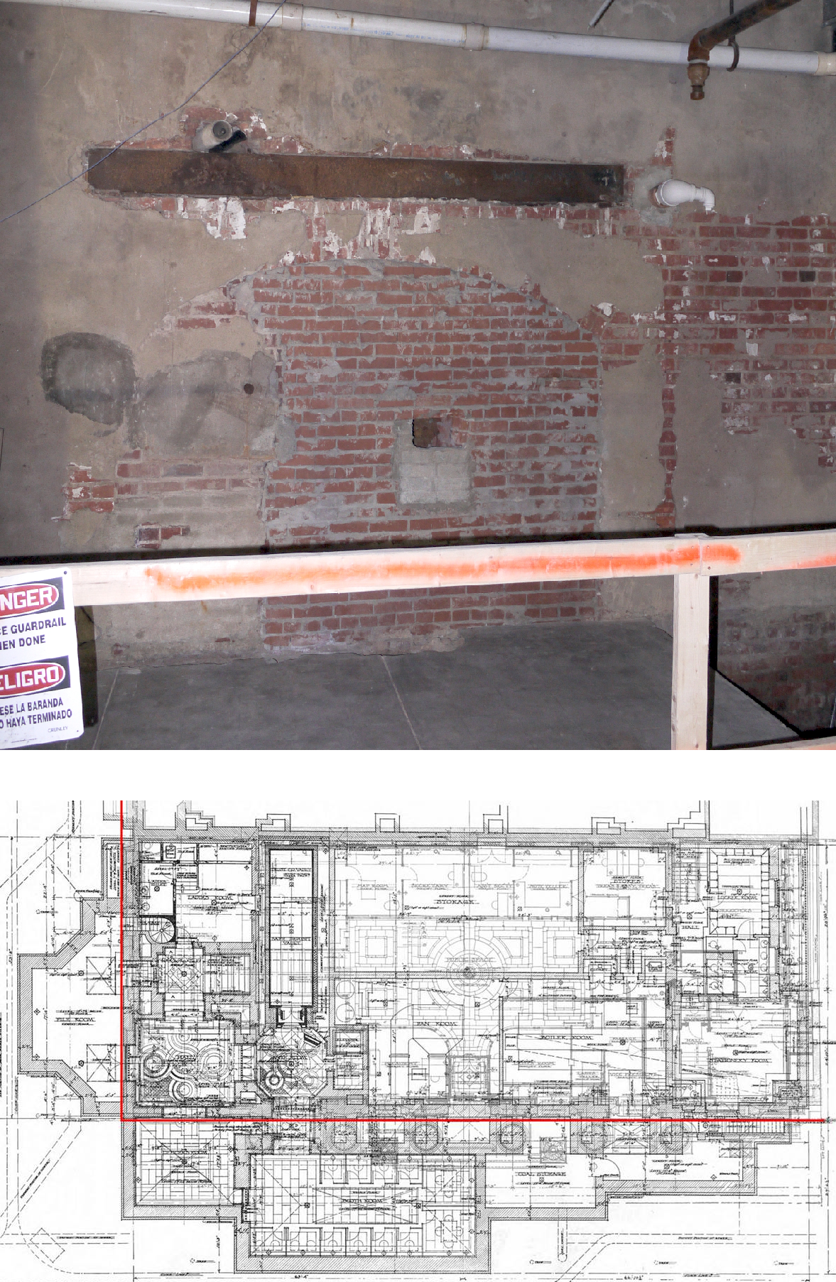 Floorplan of rooms under 15th and and photo of brick wall