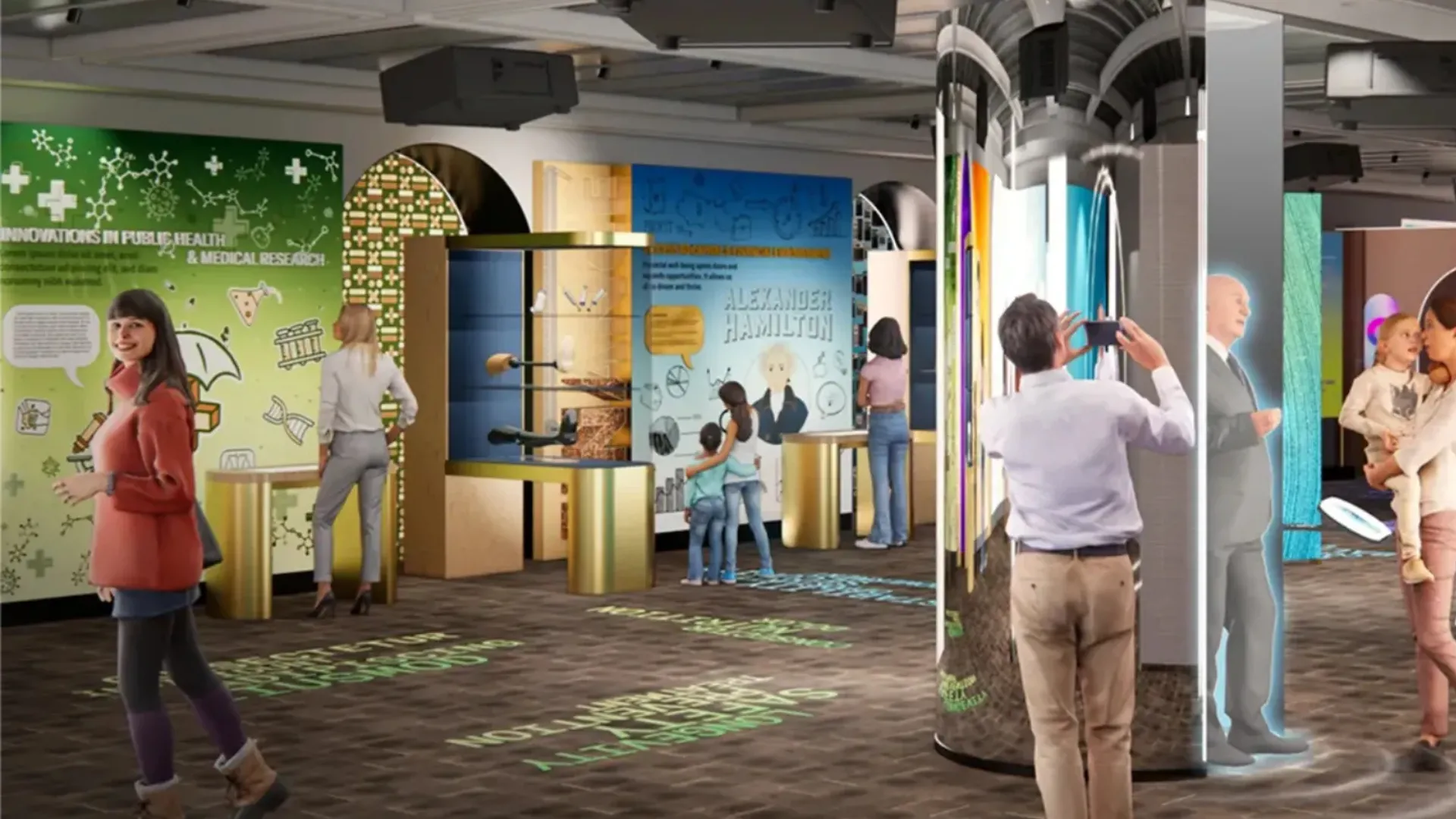 Visitors interact with the Exhibition, including the Hologram Ambassadors.